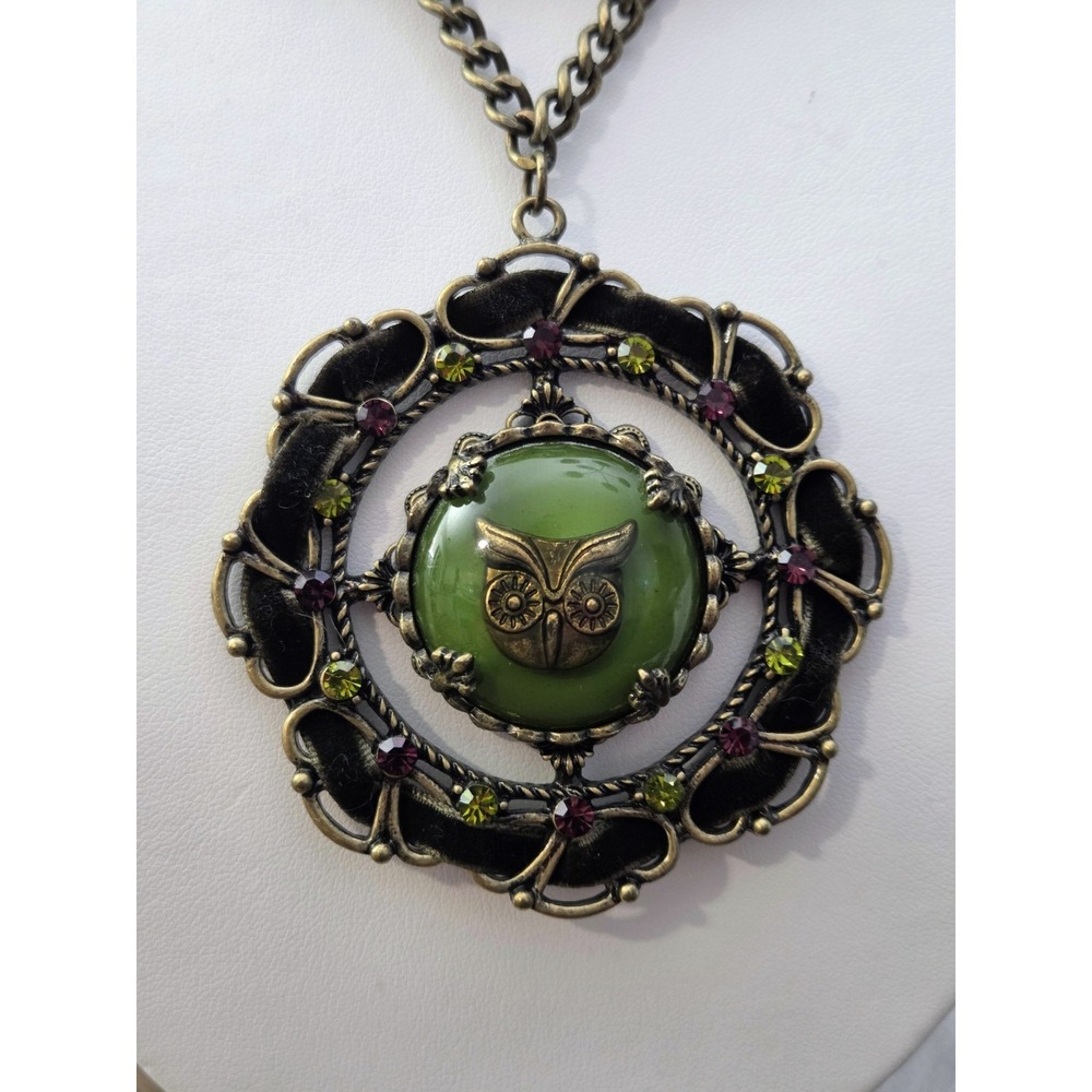 Owl Pendant Statement Necklace Faux Jade Bronze Tone Chain Ribbon‎ Rhinestones